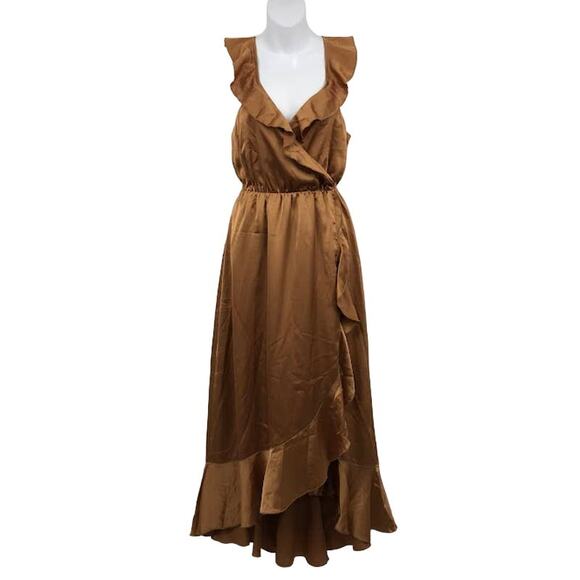 Show Me Your Mumu Samantha Faux Wrap Midi Dress M Ruffle Waist Tie High Low - Picture 1 of 4